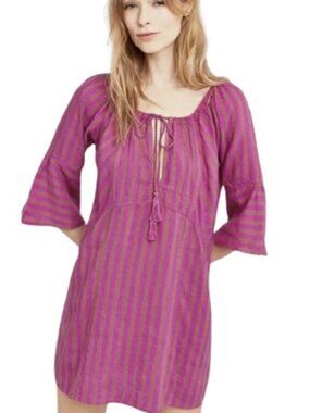 Free People Womens Folk Town Stripes  Mini Dress In Pink Pockets Linen Blend XS
